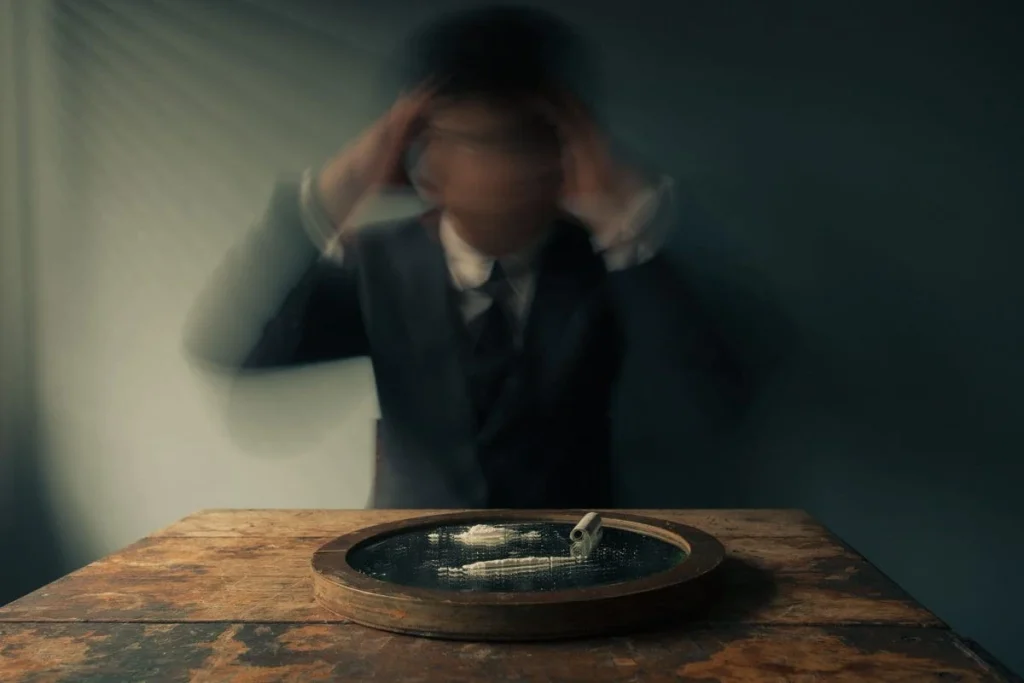 Man with a line of cocaine and he is shaking his head